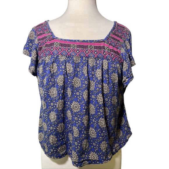 Hollister Short Sleeved Top Blouse X-Small Multicolor Blue, Tan and Pink - Picture 1 of 5